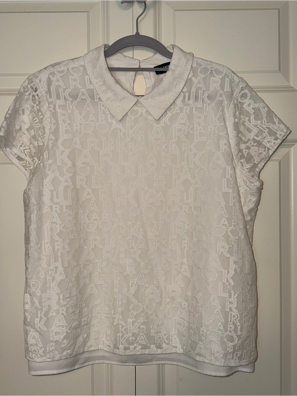Karl Lagerfeld White Lace Logo Polo Short Sleeve Top